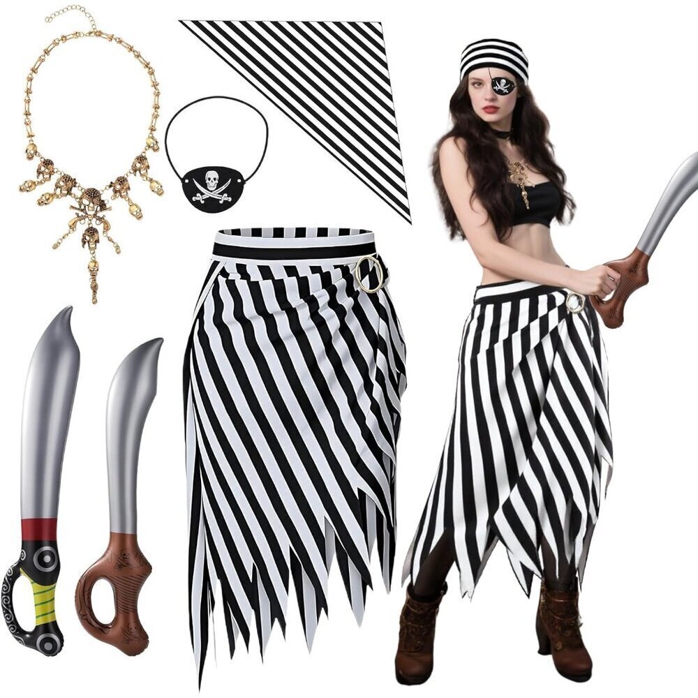 Women's Pirate Costume Kit Accessories Set Includes Headscarf Skirt Necklace